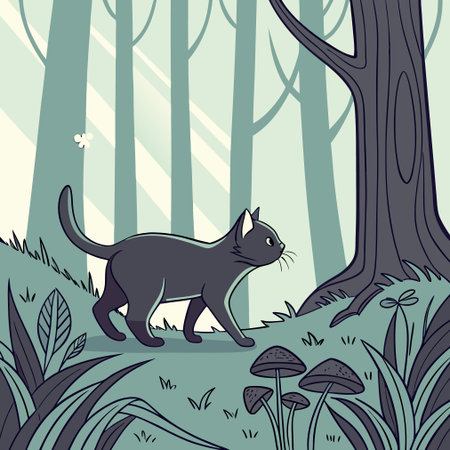 Vector illustration of a cat walking in the forest. Cartoon style.のイラスト素材