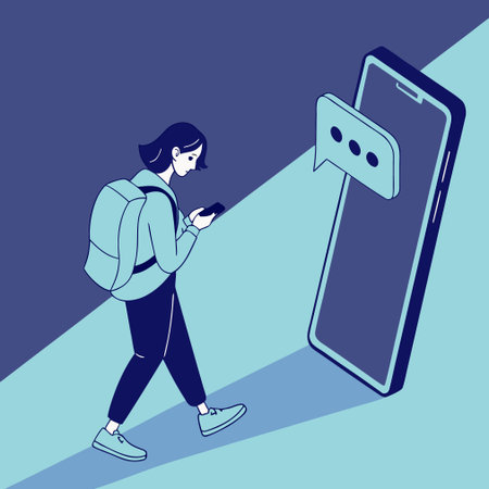 Vector illustration of a young man walking in front of a smartphone.のイラスト素材
