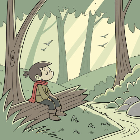 Illustration of a Kid Boy Sitting on a Log in the Forestのイラスト素材