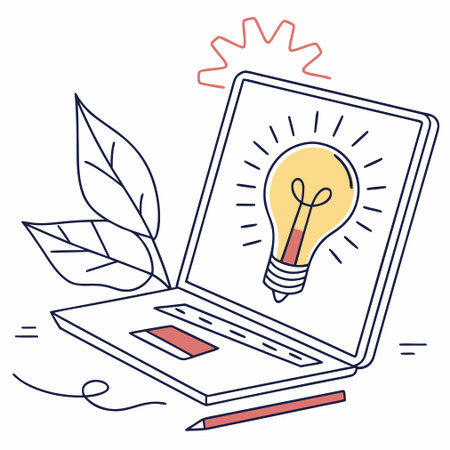 Laptop with lightbulb and leaves. Vector line art illustration.のイラスト素材