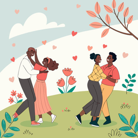 Happy african american family walking in the park. Vector illustration.のイラスト素材