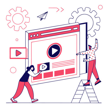 Web development and programming concept. Tiny people creating content on web page. Cogwheel, gear, user interface. Modern flat vector illustration.のイラスト素材