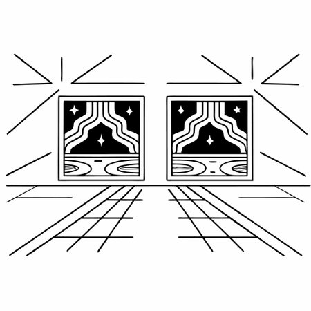 Black and white vector illustration of an empty room with windows, doors and blindsのイラスト素材