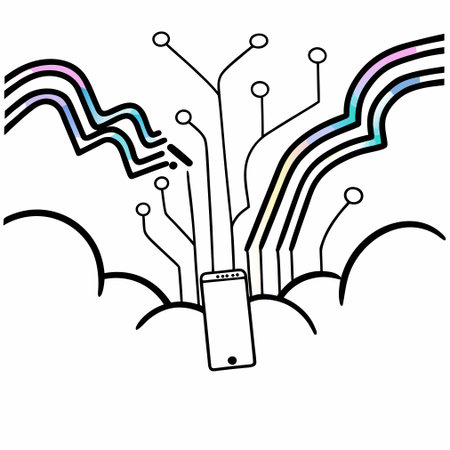 Vector illustration of a mobile phone in a cloud with binary code and rainbow.のイラスト素材