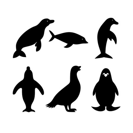 Set of different penguins silhouettes isolated on white background. Vector illustrationのイラスト素材