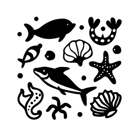 Vector set of hand drawn doodle underwater animals. Vector illustration.のイラスト素材