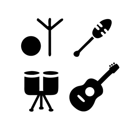 Musical instruments icons set. Guitar, drum, flute, drumsticks. Vector illustrationのイラスト素材