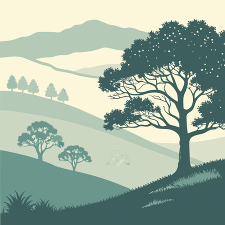 Silhouettes of trees and hills in the countryside. Vector illustration.のイラスト素材