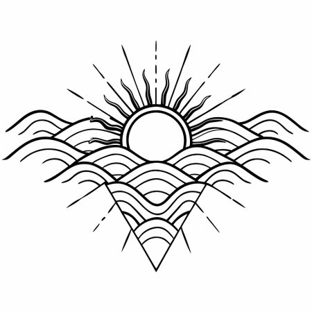 Sunset over the sea. Vector illustration in doodle style.のイラスト素材