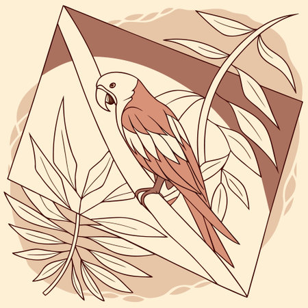 Parrot in a frame of leaves. Hand drawn vector illustration.のイラスト素材