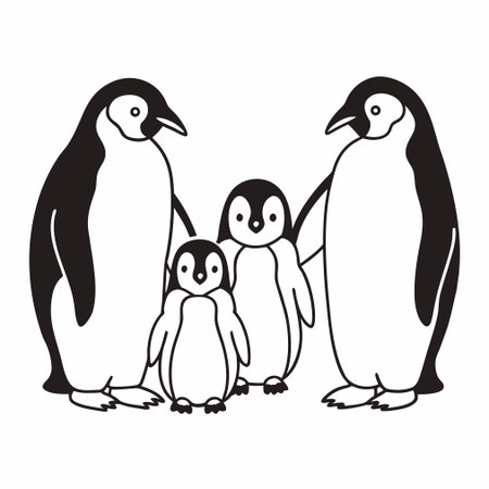 Penguin family. Black and white vector illustration isolated on white backgroundのイラスト素材