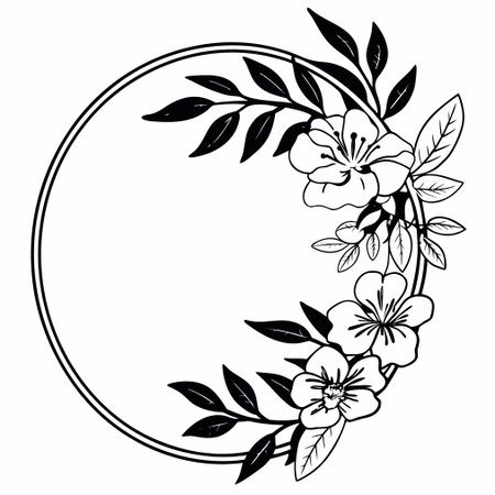 Black and white round frame with floral silhouettes. Copy space. Vector clip art.のイラスト素材