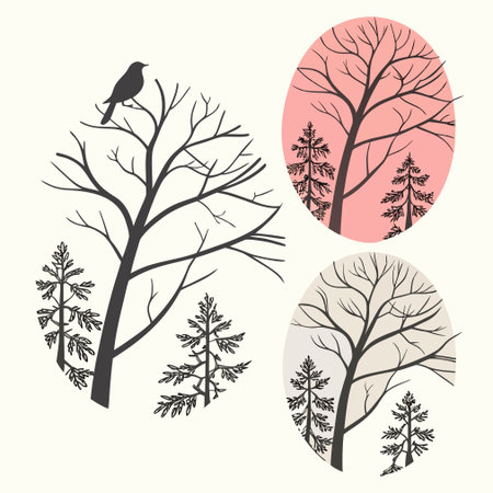 Vector set of silhouettes of trees and birds on a white backgroundのイラスト素材