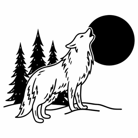 Wolf and moon in the forest. Black and white vector illustration.のイラスト素材