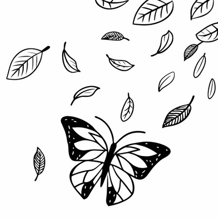 Butterfly with leaves. Black and white vector illustration in doodle style.のイラスト素材