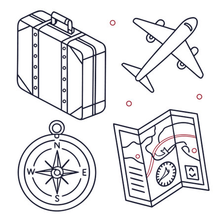 Set of travel icons. Airplane, map and compass. Vector illustrationのイラスト素材