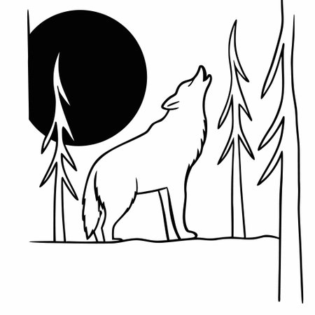 Wolf in the forest. Black and white vector illustration of a wild animal.