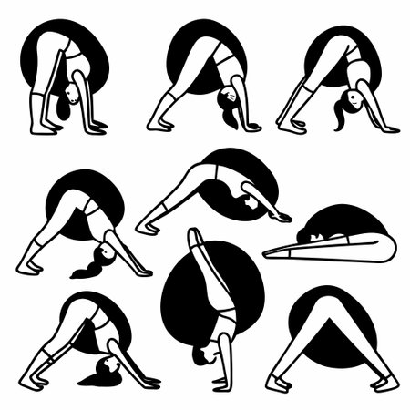 Set of yoga poses. Vector illustration in black and white colors.のイラスト素材