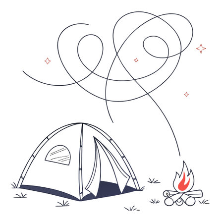 Camping tent and bonfire. Vector illustration in linear style.のイラスト素材