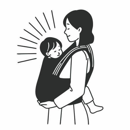 Mother carrying her baby in sling. Black and white vector illustration.のイラスト素材