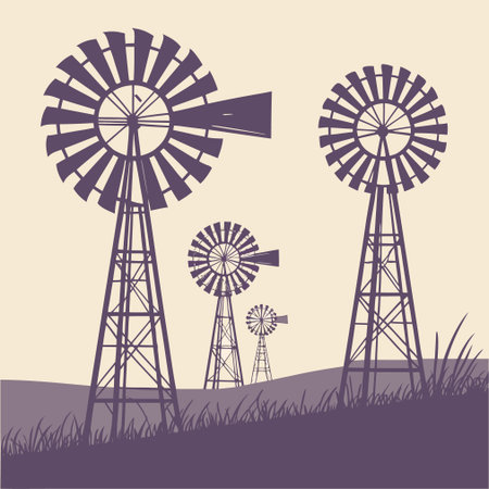 Windmill and windmill silhouette on a meadow, vector illustrationのイラスト素材