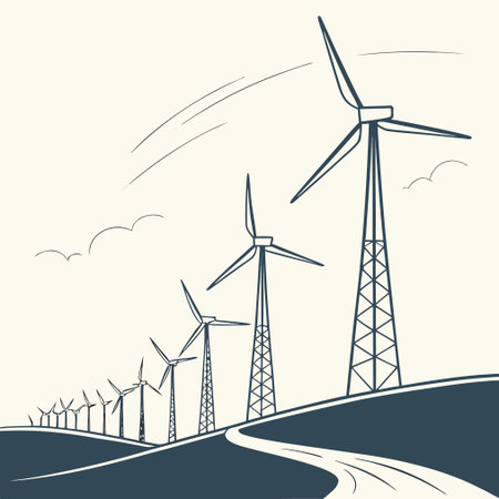 Wind turbines on the wind farm. Wind power station. Vector illustration.のイラスト素材