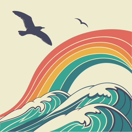 Rainbow with seagulls and waves. Vector illustration.のイラスト素材