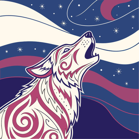 Illustration of a wolf in the starry sky, vector illustrationのイラスト素材