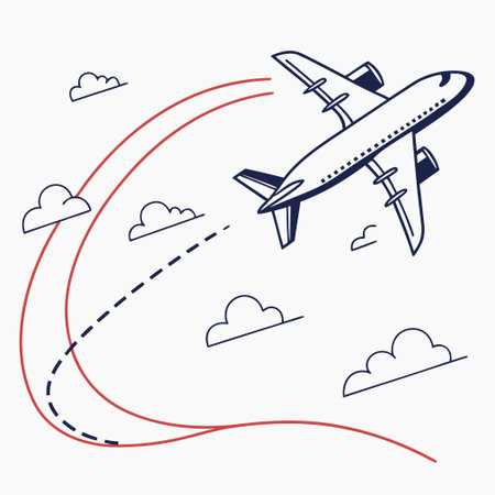Airplane flying in the sky with clouds and path. Vector illustrationのイラスト素材