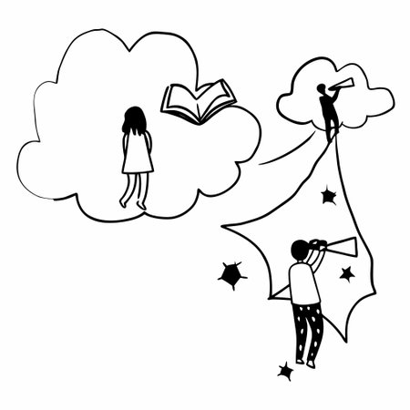 Businessman and businesswoman with telescope and book in clouds vector illustration graphic designのイラスト素材