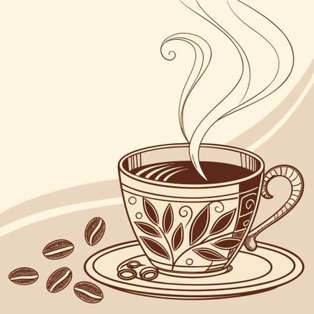 Coffee cup and coffee beans on a beige background.のイラスト素材