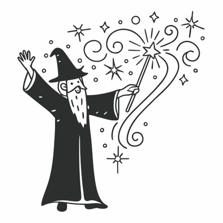 Wizard with magic wand. Vector illustration in doodle styleのイラスト素材