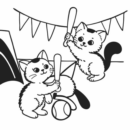 Cats playing baseball, black and white vector illustration for coloring bookのイラスト素材