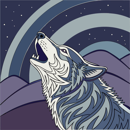Wolf howling at the starry sky. Vector illustration in cartoon style.