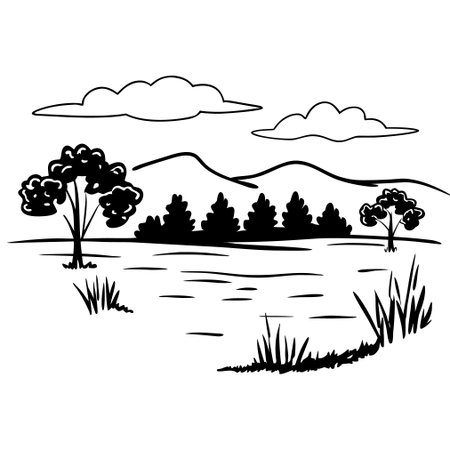 landscape with lake and trees, vector illustration, black and whiteのイラスト素材