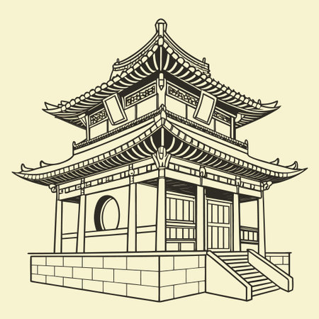 Chinese temple in the style of engraving. Vector illustration.のイラスト素材