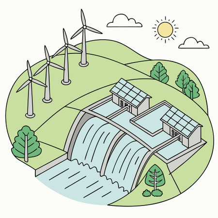 Illustration of a hydroelectric power station with wind turbines and solar panelsのイラスト素材