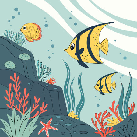Underwater background with tropical fish and seaweed. Vector illustration.のイラスト素材