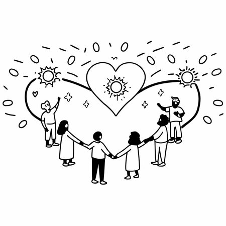 Happy family with kids and sun in the shape of a heart, vector illustrationのイラスト素材