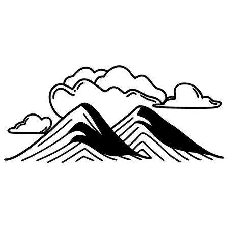Black and white vector illustration of a mountain with clouds on the skyのイラスト素材