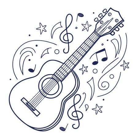 Guitar and musical notes on white background. Vector illustration.のイラスト素材