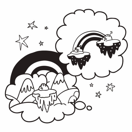 Black and white vector illustration of clouds, rainbows and stars.のイラスト素材