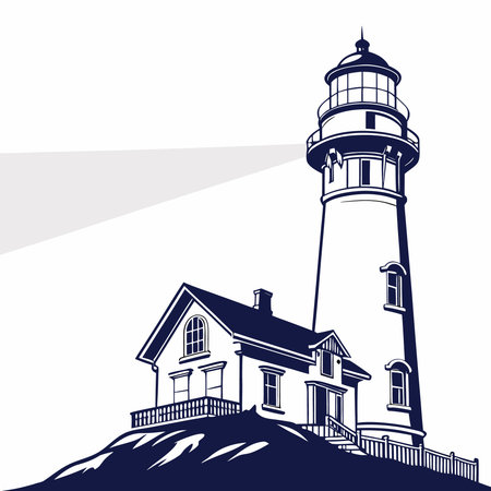 Lighthouse on the hill. Vector illustration in black and white colors.のイラスト素材