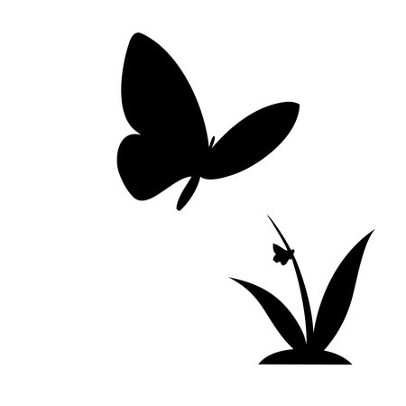 Butterfly and flower silhouette on white background. Vector illustration.のイラスト素材