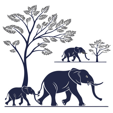 Vector illustration of two elephants and a tree in the park. Wild animals.のイラスト素材