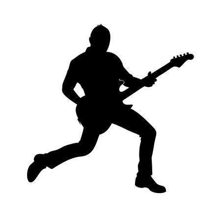 Vector silhouette of a man playing electric guitar on a white background.のイラスト素材