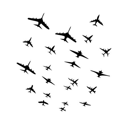 Airplanes silhouettes. Vector illustration in black on a white background.のイラスト素材