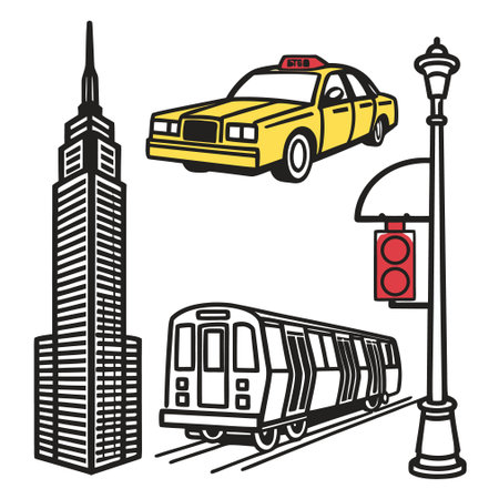 Taxi car and train in New York City. Vector illustration.のイラスト素材