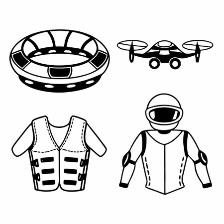 set of vector icons for quadcopter, drone, helmet and vestのイラスト素材