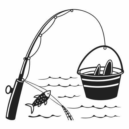 Fishing rod and bucket with fish on the water. Vector illustrationのイラスト素材